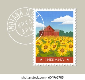 Indiana postage stamp design. Vector illustration of rural scenic red barn with sunflowers. Grunge postmark on separate layer.