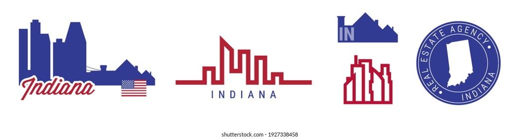 Indiana real estate agency. US realty emblem icon set. Flat vector illustration. American flag colors. Big city and suburbs. Simple silhouette map in the round seal stamp.
