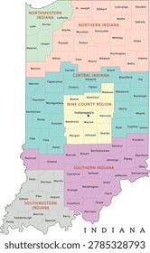 Indiana regions map with counties. Colored. Vectored