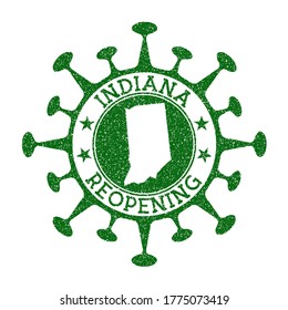 Indiana Reopening Stamp. Green round badge of US state with map of Indiana. US state opening after lockdown. Vector illustration.