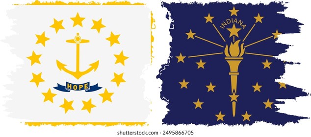 Indiana and Rhode Island states grunge brush flags connection, vector