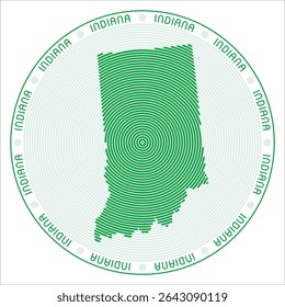 Indiana round logo design. State shape built of rings. Indiana text around the state. Vector Illustration.