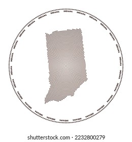 Indiana round logo. Digital style shape of Indiana in dotted circle with us state name. Tech icon of the us state with gradiented dots. Elegant vector illustration.