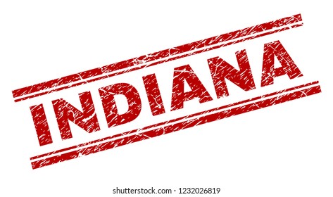 INDIANA seal watermark with grunge style. Red vector rubber print of INDIANA caption with grunge texture. Text caption is placed between double parallel lines.