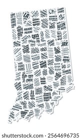 Indiana shape text cloud. State border with shadow on white background. Indiana with counties division in vintage gazette style. Modern vector illustration.