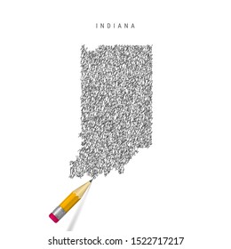 Indiana sketch scribble map isolated on white background. Hand drawn vector map of Indiana. Realistic 3D pencil with eraser.