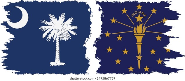 Indiana and South Carolina states grunge brush flags connection, vector