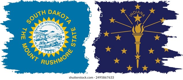 Indiana and South Dakota states grunge brush flags connection, vector