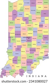 Indiana state administrative map with counties. Clored. Vectored. Bright colors