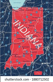 Indiana state detailed editable map with cities and towns, geographic sites, roads, railways, interstates and U.S. highways. Vector EPS-10 file, trending color scheme