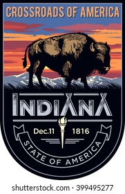 Indiana state emblem, sunset on a dark background