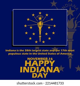 Indiana state flag with bold text on dark blue background to commemorate Indiana Day on November 16