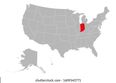 Indiana state highlighted on USA political map vector illustration. Gray background.