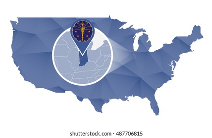 Indiana State magnified on United States map. Abstract USA map in blue color. Vector illustration.