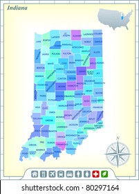 Indiana State Map with Community Assistance and Activates Icons Original Illustration