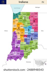 Indiana state map with counties borders and colored congressional districts boundaries due to The 2020 United States census and which is valid since 2023. Flag of Indiana. Vector