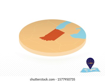 Indiana state map designed in isometric style, orange circle map of US state Indiana for web, infographic and more.