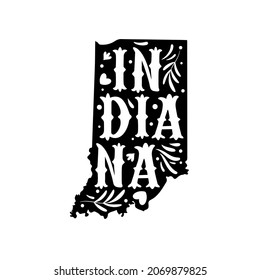 Indiana state map with doodle decorative ornaments. For printing on souvenirs and T-shirts