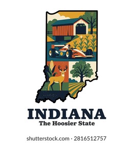 Indiana state map featuring a covered bridge, race car, corn, deer, and farmland