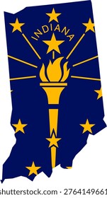 Indiana State Map with Flag Design and Accurate Geographic Contours. Professional vector silhouette featuring the gold torch and stars on a blue background. Ideal for Indianapolis racing infographics, Midwest manufacturing reports, and Bloomington education guides. Clean 2D minimalist graphic
