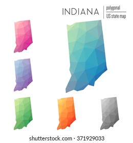 Indiana state map in geometric polygonal style. Set of Indiana state maps filled with abstract mosaic, modern design background. Multicolored state map in low poly style.