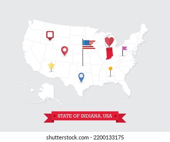 Indiana State map highlighted on USA map. Indiana map on United state of America with flag and navigation icons.