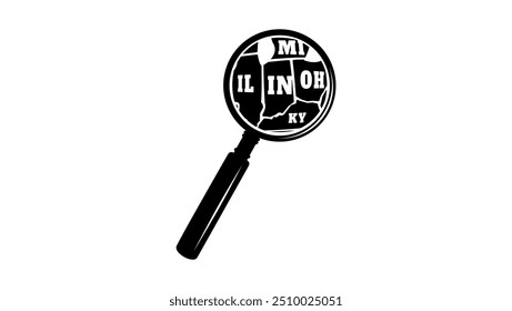 INDIANA state map in magnifying glass, black isolated silhouette