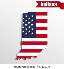 Indiana  State map with US flag inside and ribbon