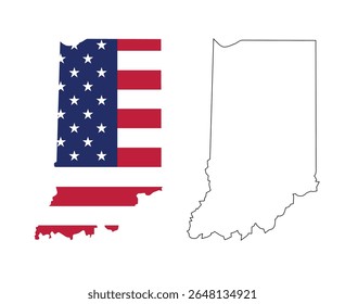 Indiana state map with USA flat design and  black outline. Patriotic and educational vector perfect for presentation, learning, or design projects.