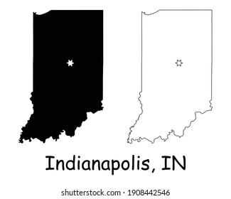 Indiana IN State Maps USA mit Capital City Star bei Indianapolis. Schwarze Silhouette und Umriss einzeln auf weißem Hintergrund. EPS-Vektorgrafik