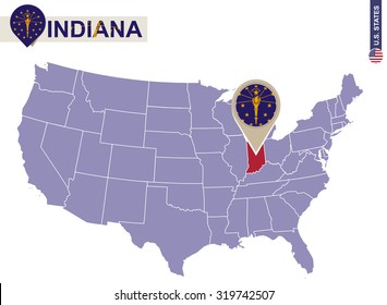 Indiana State on USA Map. Indiana flag and map. US States.