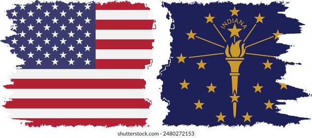 Indiana state and USA grunge flags connection, vector