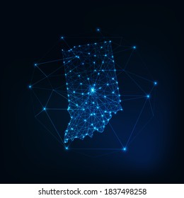 Indiana state USA map glowing silhouette outline made of stars lines dots triangles, low polygonal shapes. Communication, internet technologies concept. Wireframe futuristic vector illustration