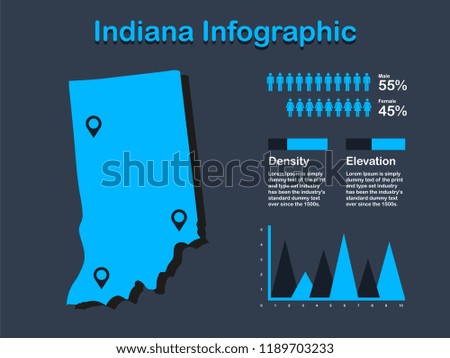 Indiana State (USA) Map with Set of Infographic Elements in Blue Color in Dark Background. Modern Information Graphics Element for your design.