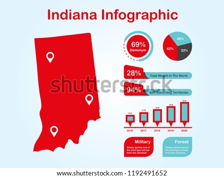 Indiana State (USA) Map with Set of Infographic Elements in Red Color in Light Background. Modern Information Graphics Element for your design.