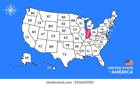 Indiana State, USA, vector map isolated on United states map.