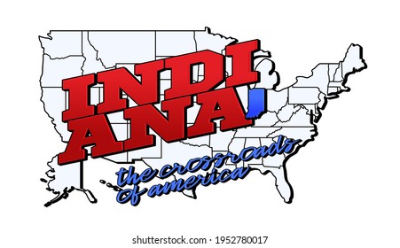 indiana state. Vector illustration with US indiana state on american map with lettering. Touristic Greeting Card isolated on white