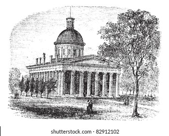 Indiana Statehouse in Indiana, America, during the 1890s, vintage engraving. Old engraved illustration of Indiana Statehouse with trees and people in front. Trousset encyclopedia (1886 - 1891).