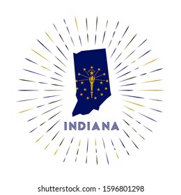 Indiana sunburst badge. The US state sign with a map of Indiana and the state flag. Colorful rays around the logo. Vector illustration.