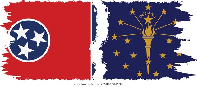 Indiana and Tennessee states grunge brush flags connection, vector