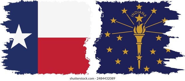 Indiana and Texas states grunge brush flags connection, vector