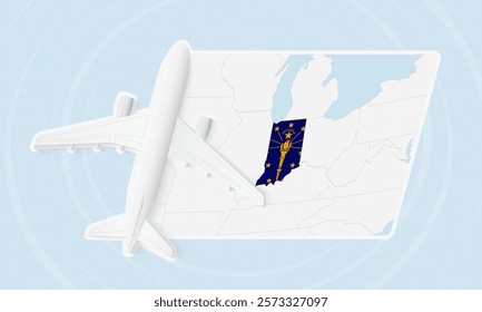 Indiana Travel Illustration with Plane and National Flag. Ideal for travel agencies, promotional materials, or geographic content related to Indiana.