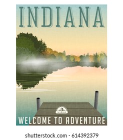 Indiana travel poster or sticker. Vector illustration of of mist on tranquil lake in autumn.