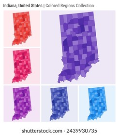 Indiana, Vereinigte Staaten. Kartensammlung. Status-Form. Farbige Landkreise. Deep Purple, Red, Pink, Purple, Indigo, Blue Farbpaletten. Grenze von Indiana mit Countys. Vektorgrafik.