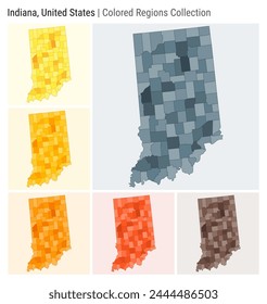 Indiana, United States. Map collection. State shape. Colored counties. Blue Grey, Yellow, Amber, Orange, Deep Orange, Brown color palettes. Border of Indiana with counties. Vector illustration.