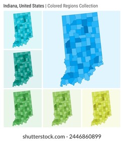 Indiana, United States. Map collection. State shape. Colored counties. Light Blue, Cyan, Teal, Green, Light Green, Lime color palettes. Border of Indiana with counties. Vector illustration.