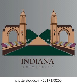 Indiana university main entrance gate illustration with flowers on each side and trees behind the entrance gate. Bloomington building campus college. exterior famous dome flowers garden