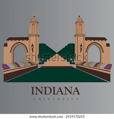 Indiana university main entrance gate illustration with flowers on each side and trees behind the entrance gate. Bloomington building campus college. exterior famous dome flowers garden