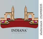 Indiana university main gate vector illustration file with flowers on both side as well red tiles on floor. famous entrance exterior gate illustration. Bloomington architectural building campus