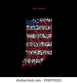 Indiana US state flag map, chaotic particles pattern in the colors of the american flag. Vector illustration isolated on black background.